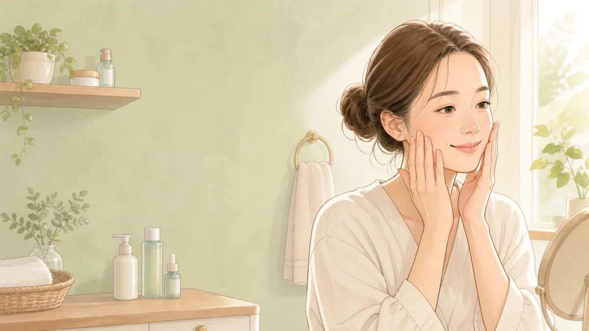 朝の洗面台でやさしくスキンケアをする30代半ばの女性