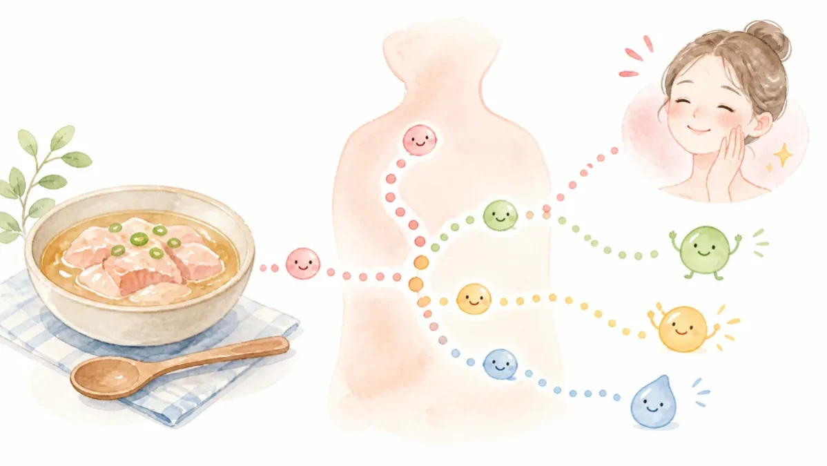 食べたコラーゲンが肌だけにまっすぐ届くわけではないことをやさしく表した水彩イラスト