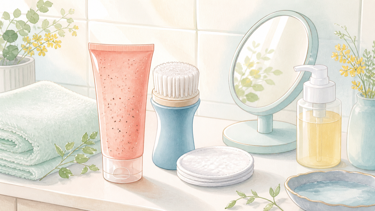 スクラブやブラシなど、やりすぎに気をつけたい毛穴ケアの小物イラスト