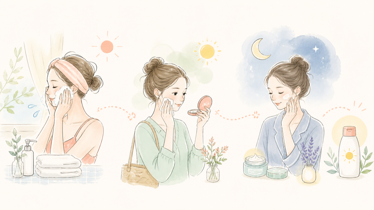 朝の洗顔、日中の軽いお直し、夜の保湿、日焼け止めをやさしいタッチで描いた毛穴ケアのイラスト