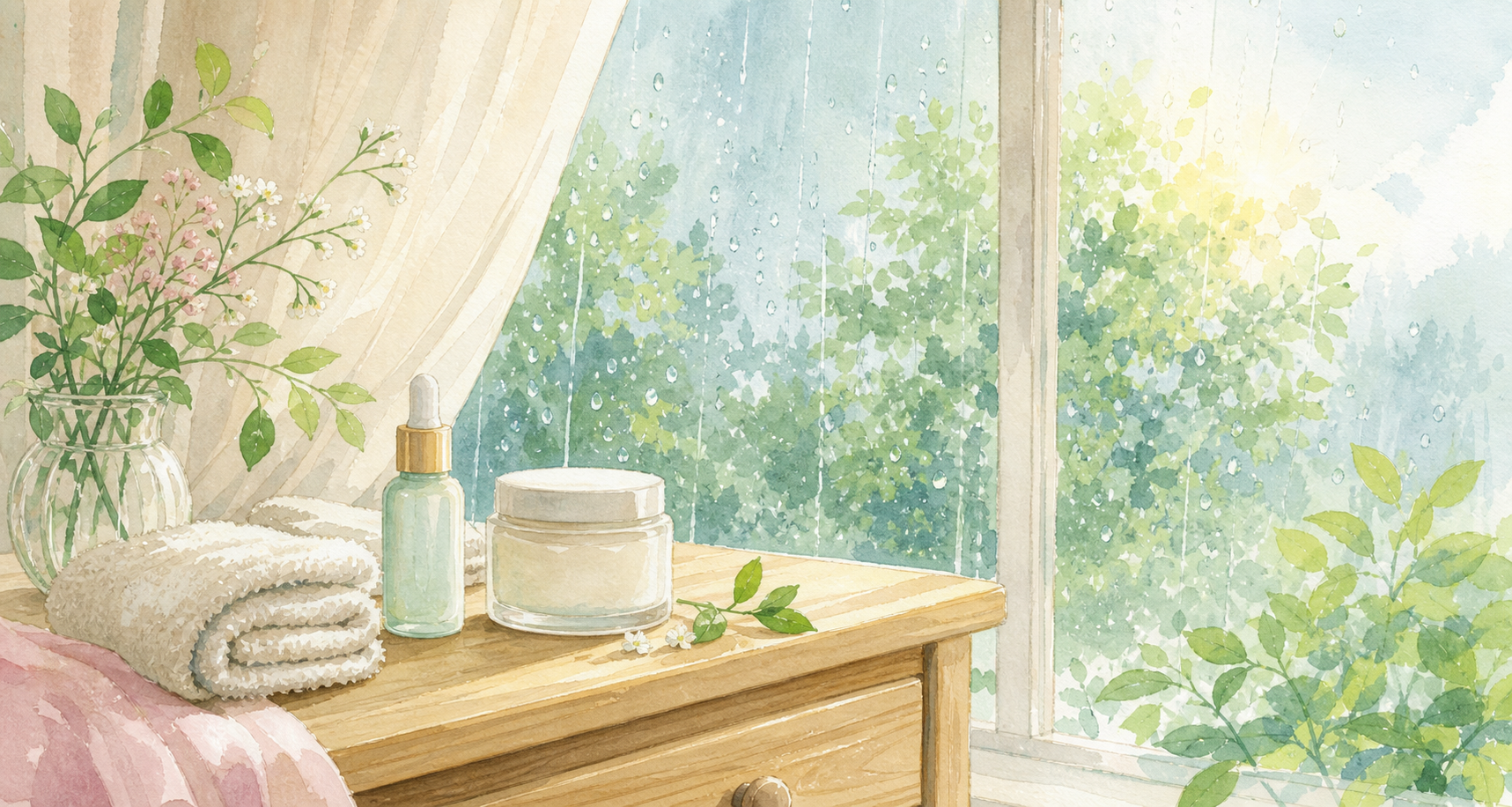 雨上がりの窓辺に置かれたスキンケア用品のイラスト