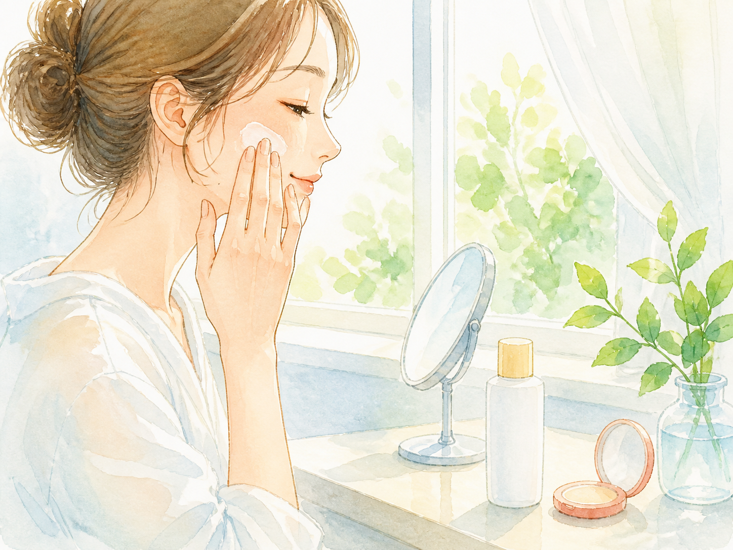 窓辺で日焼け止めを顔に塗り、毎日のUVA対策を意識する水彩イラスト
