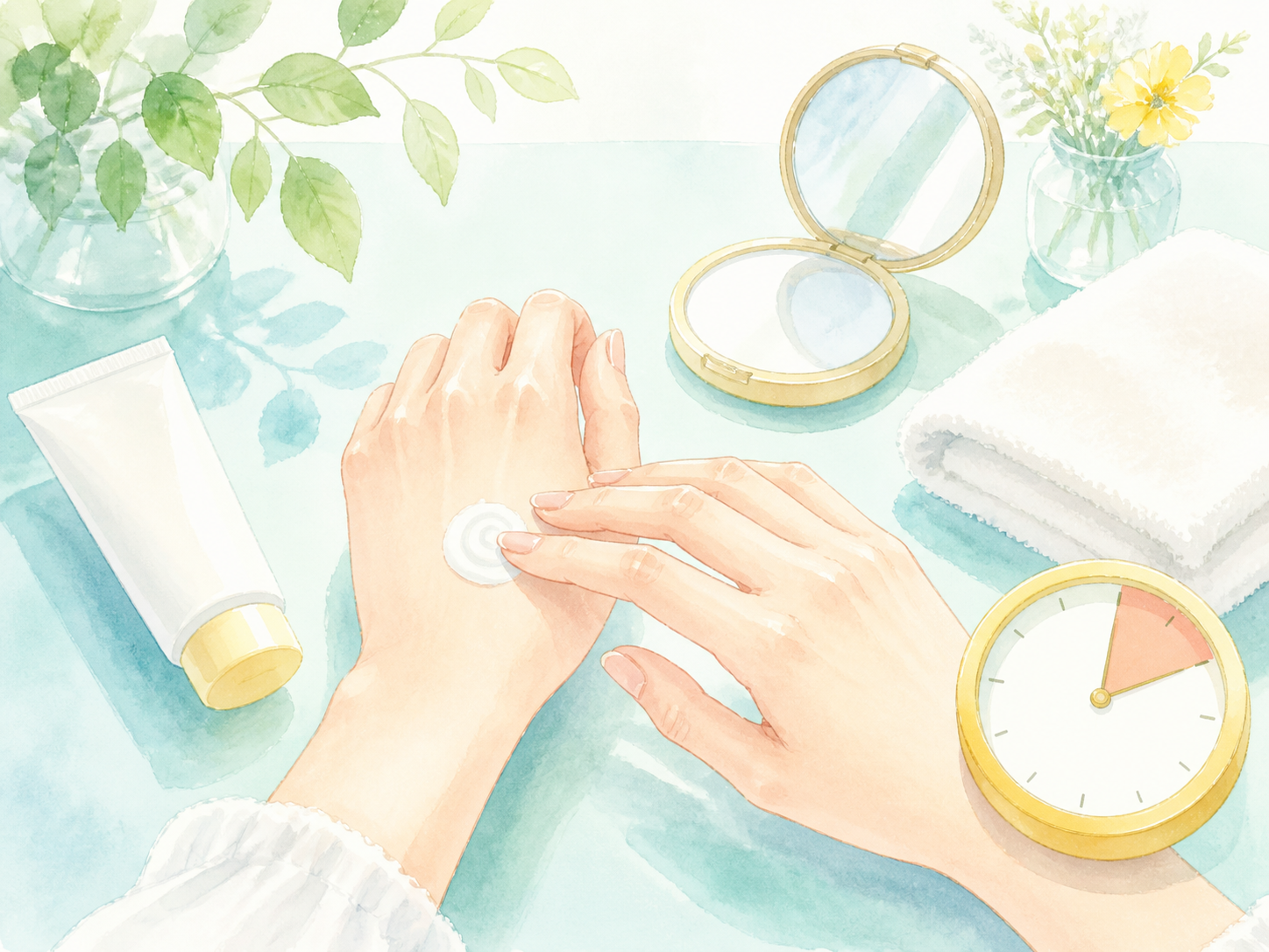 手の甲に日焼け止めを塗り、塗り直しの時間を意識する様子の水彩イラスト