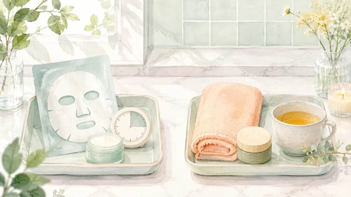 シートマスクを使う日とお休みする日を小物で表したやさしい水彩イラスト